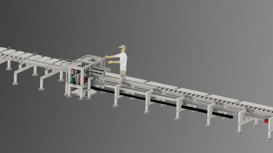 Kantenbearbeitungsmaschine mit langem Förderband und Bediener in Aktion.